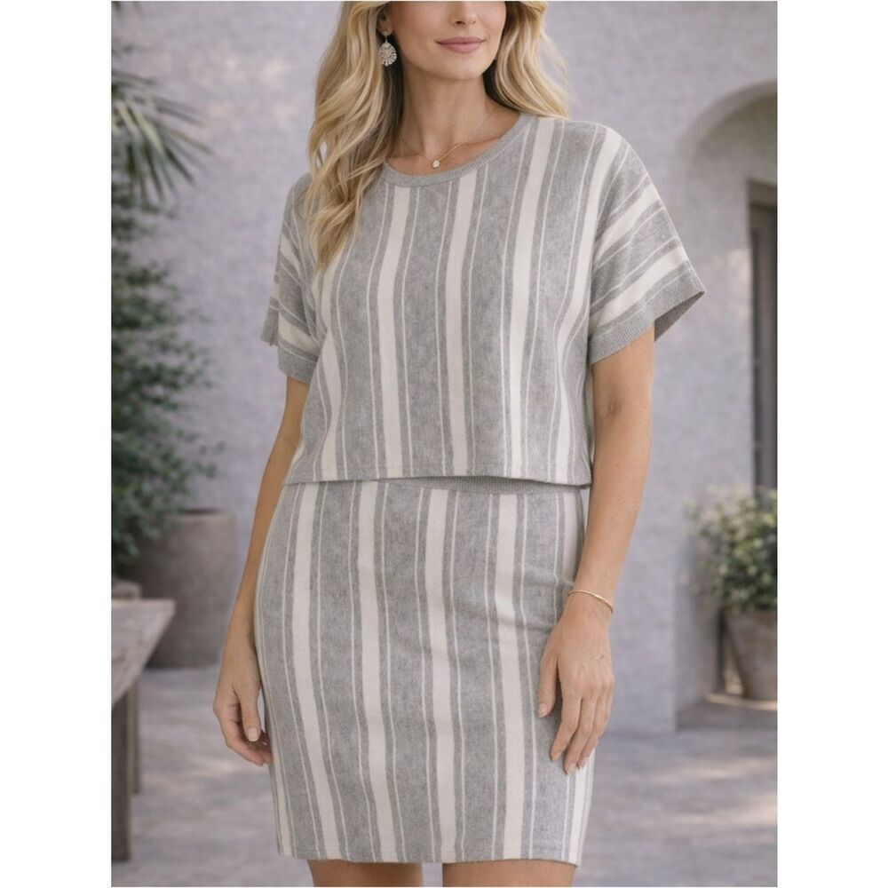BP Gray Ivory Striped Knit Top Skirt Set Two Piece Matching Set Size XL Women